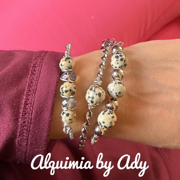 Dalmatian jasper beaded chunky silver statement cuff bangle bracelet - Picture 3 of 7